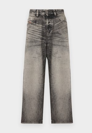 Szare dżinsy z wysokim stanem, szerokimi nogawkami, wyblakłym efektem prania, z przodu zapinane na guzik i zamek błyskawiczny, z klasycznym stylem pięciu kieszeni.