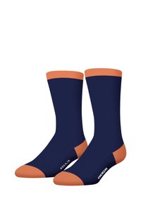 Chaussettes navy avec des poignets et des embouts orange, dotées d'un talon renforcé et d'une semelle rembourrée, fabriquées à partir d'un matériau doux et extensible.