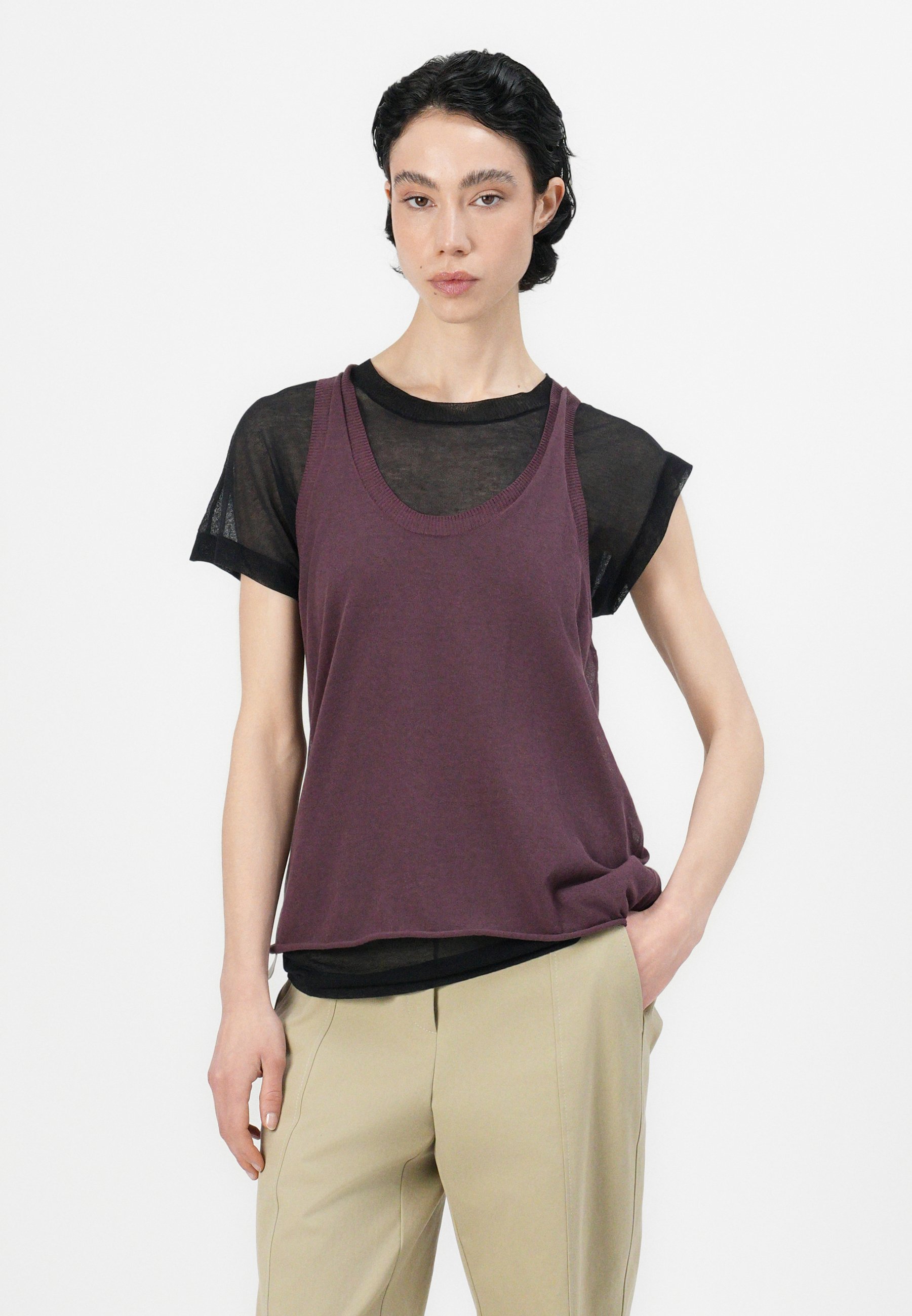 売れ筋商品|||ピンコ Tシャツ レディース トップス MARK MAGLIA CREPE - Print T-shirt - bordeaux/nero Print tee TZ252ーJK961 | TOGA/トーガ