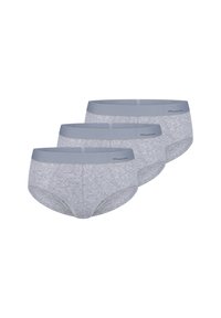Slip in morbido cotone grigio con una fascia leggera grigia. Tre paia impilati, caratterizzati da una texture liscia e un design semplice e minimalista.