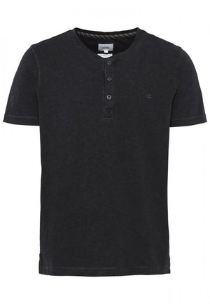 Black short-sleeve T-shirt with a henley neckline, featuring three buttons and a subtle textured pattern on a soft fabric.