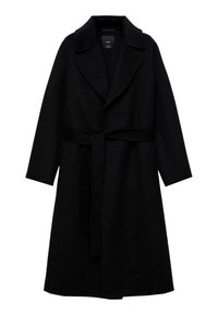 Manteau en laine noire avec col cranté, manches longues et ceinture nouée à la taille. Texture lisse, longueur genoux, style minimaliste.