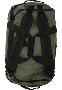 Green duffel bag with black straps, featuring a textured surface, padded handles, and adjustable shoulder straps. Spacious and durable design.