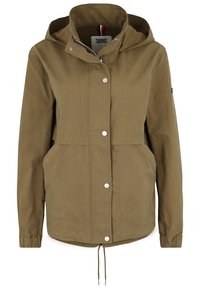 Olivgrön jacka med huva, framknäppning med tryckknappar, två sidofickor, elastiska ärmslut och justerbar dragsko i nederkant. Tillverkad av mjukt tyg.