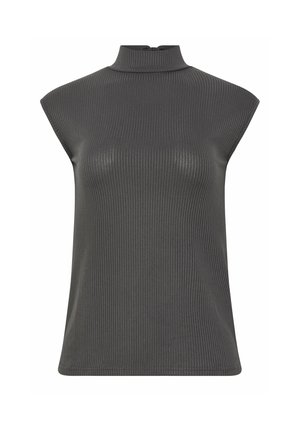 Top senza maniche grigio scuro a coste, in maglia, con collo alto aderente e silhouette leggermente sagomata.
