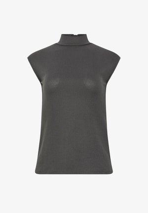 Top sin mangas de punto acanalado en gris oscuro con cuello alto simulado y silueta ligeramente ajustada.