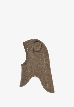 Brown woolen hat with a pointed design, featuring a rounded top accent and a small patch on the side. Soft texture with visible seams.