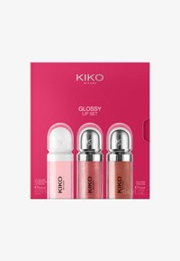 KIKO Milano Glanz Lippen Set in einer leuchtend rosa Box. Enthält drei Röhrchen: eine pinke Creme und zwei glitzernde Glosse in den Farbtönen Rose und Bronze.