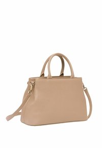 Borsa a tracolla in pelle beige con doppi manici superiori, tracolla rimovibile, finitura testurizzata e forma strutturata. Presenta dettagli in metallo color oro.