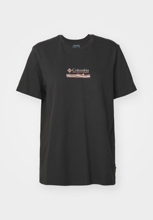 Sort bomulds T-shirt med korte ærmer, prydet med et farverigt trykt logo "Columbia Sportswear Company" foran og en afslappet pasform.