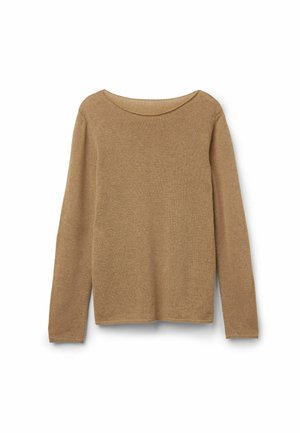 Pull marron à manches longues fabriqué à partir d'un tissu doux, présentant un grand col rond, un ourlet droit et sans motifs ni accents visibles.