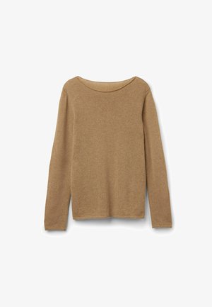 Brun langermet sweater lavet af et blødt stof, med en bred rund halsudskæring, lige kant og ingen synlige mønstre eller accenter.