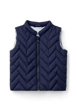 Marineblaue, gesteppte ärmellose Weste mit Frontreißverschluss und dezent gesticktem Hasenlogo auf der linken Brustseite.