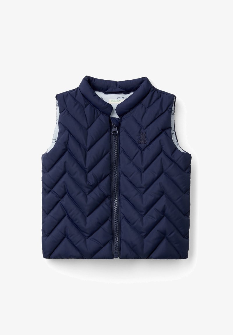 Gilet trapuntato senza maniche blu navy con cerniera frontale e logo di coniglio ricamato in modo discreto sul petto sinistro.