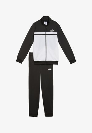 Czarno-biały dres Puma z kurtką zapinaną na zamek i dopasowanymi spodniami, z logo Puma na klatce piersiowej i lewym udzie.