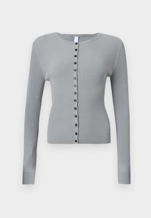 Light gray ribbed knit cardigan with long sleeves and a round neckline, featuring a black button-down front closure.
