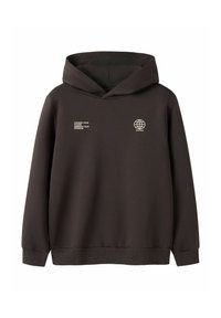 Felpa con cappuccio marrone con tasca a marsupio frontale, cappuccio con coulisse e testo frontale "SCATENA IL TUO FUTURO ABBRACCIA LA TUA LIBERTÀ" con grafica di un globo.