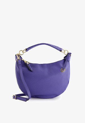Purple leather handbag with a textured surface, a curved shape, gold hardware accents, and a top handle with a braided detail.