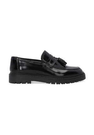 Schwarze Lackleder-L loafers mit flacher Gummisohle. Mit einem Quastakzent am Vorderblatt und glatter, glänzender Textur.