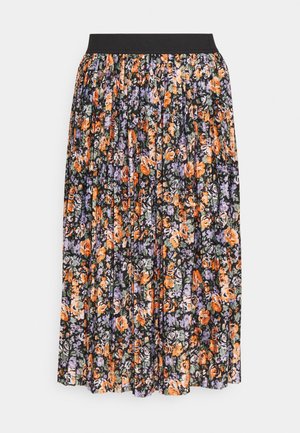 Plissé midi-rok met zwarte elastische tailleband, met een oranje, paarse en witte bloemenprint op een donkere achtergrond.