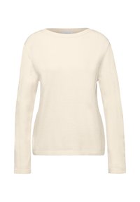 Cremfarbener Langarmpullover aus einem weichen Strickstoff, mit einem runden Halsausschnitt und gerippten Bündchen an den Ärmeln und dem Saum.