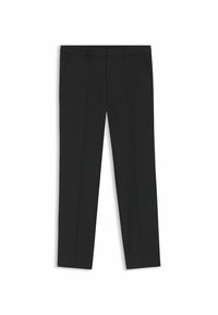 Schwarze Nadelstreifen-Hose, taillierte Passform, mit glatter Textur, Gürtelschlaufen und Seitentaschen. Flaches Frontdesign mit geradem Bein.