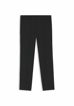 Schwarze Nadelstreifen-Hose, taillierte Passform, mit glatter Textur, Gürtelschlaufen und Seitentaschen. Flaches Frontdesign mit geradem Bein.