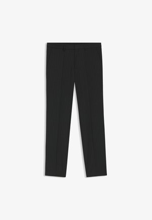Pantaloni neri a righe sottili, vestibilità sartoriale, con una texture liscia, passanti per la cintura e tasche laterali. Design a piatto davanti con gamba dritta.