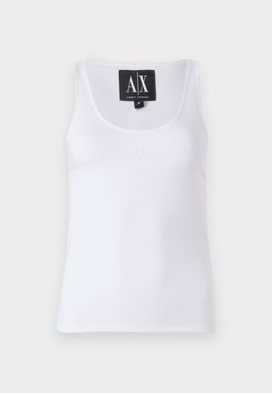 Weißes ärmelloses Tanktop aus glattem Stoff, mit rundem Halsausschnitt und einem dezenten gestickten Logo auf der Vorderseite.