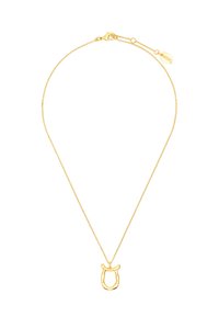 Złoty metalowy naszyjnik z cienkim łańcuszkiem oraz teksturowanym wisiorkiem w kształcie stylizowanej twarzy, z zapięciem i metką marki.