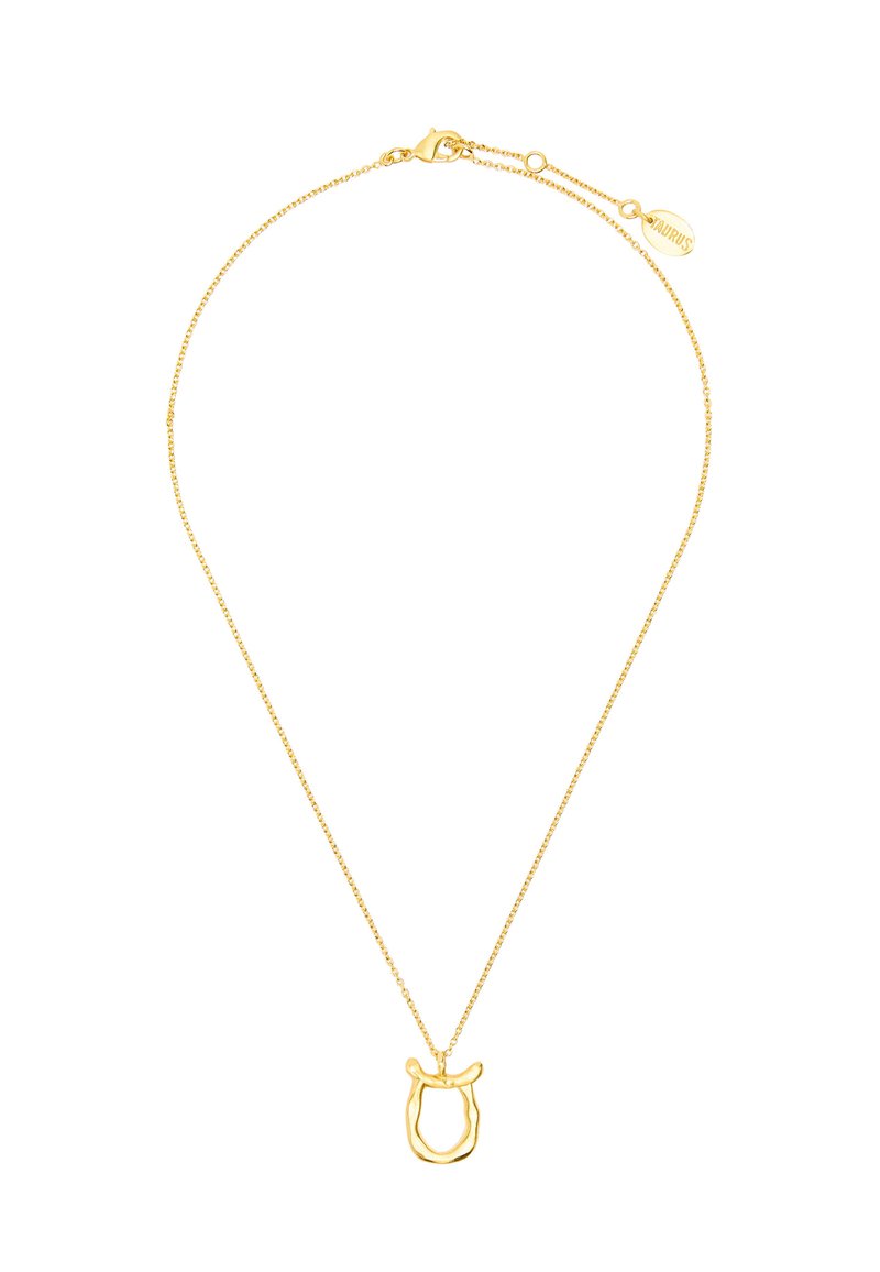 Złoty metalowy naszyjnik z cienkim łańcuszkiem oraz teksturowanym wisiorkiem w kształcie stylizowanej twarzy, z zapięciem i metką marki.