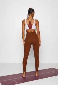Brown high-waisted leggings and a cropped pink sports bra with a red back. The leggings have a smooth texture, and the bra features a logo accent.