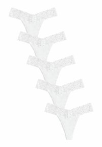 White lace thongs with floral pattern, featuring a scalloped waistband and delicate bow accents. Five pieces displayed in a row.