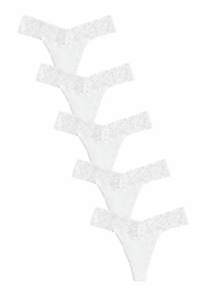White lace thongs with floral pattern, featuring a scalloped waistband and delicate bow accents. Five pieces displayed in a row.