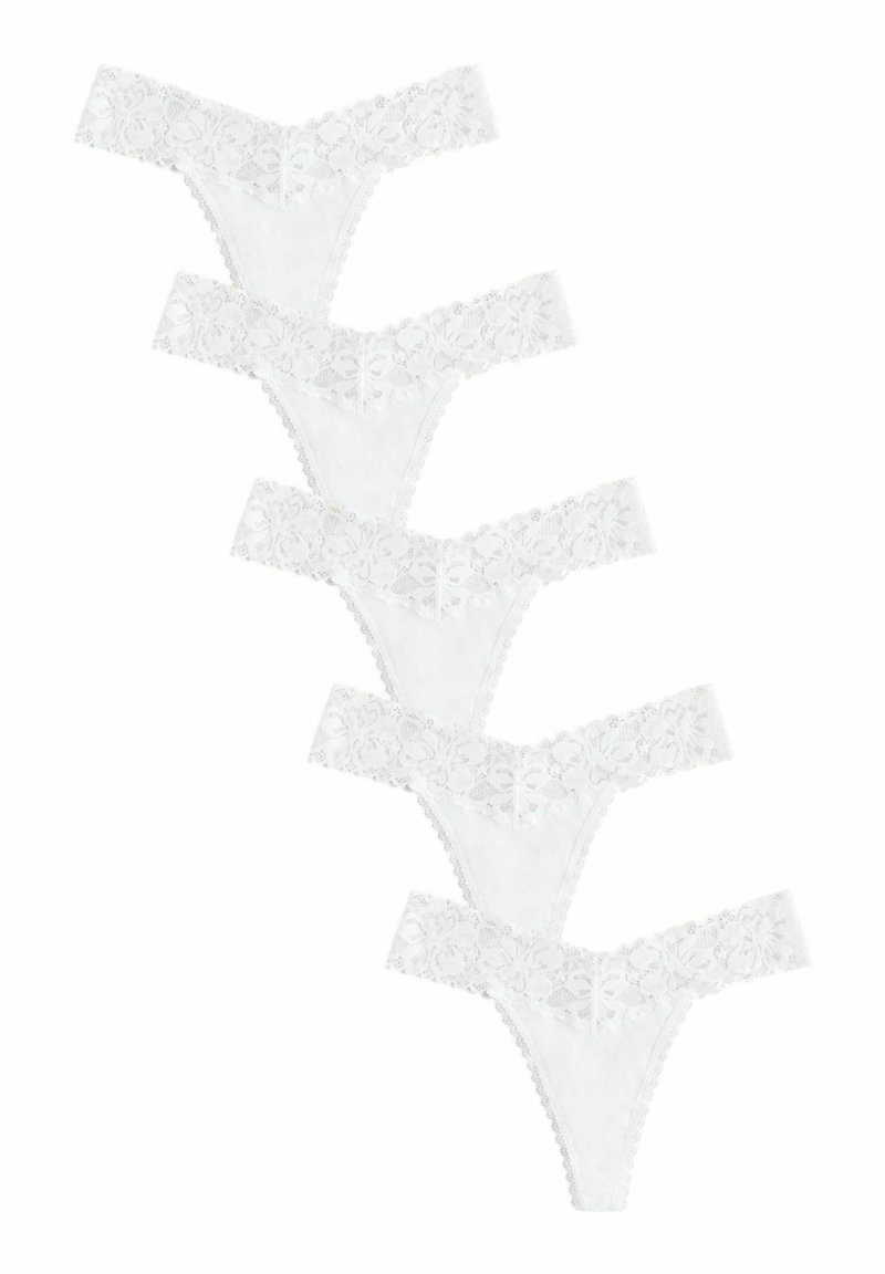 White lace thongs with floral pattern, featuring a scalloped waistband and delicate bow accents. Five pieces displayed in a row.