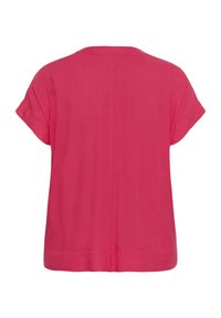 Top in lino rosa a maniche corte con vestibilità comoda, scollo rotondo e orlo dritto, caratterizzato da una texture semplice e senza decorazioni.
