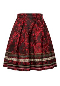 Rode rok met bloemmotief, gemaakt van satijn met een uitlopende snit. Heeft een zwarte basis met contrasterende afwerking en decoratieve banden aan de zoom.