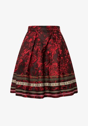 Falda de satén con estampado floral rojo y diseño acampanado. Presenta una base negra con un ribete en contraste y bandas decorativas en el dobladillo.