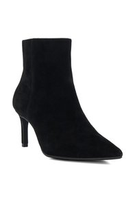 Black suede ankle boot with a pointed toe and a slim high heel. Features a smooth texture and a minimalist design.