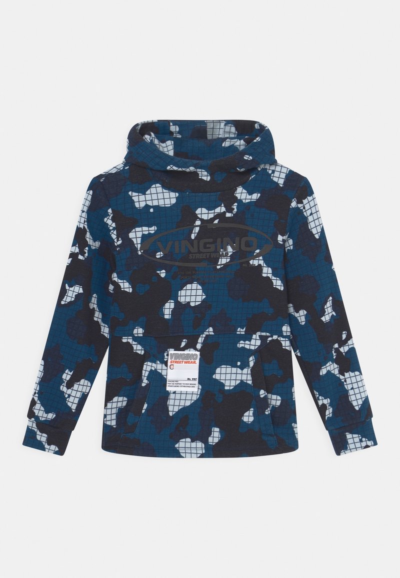 Sweat à capuche à motif camouflage bleu, noir et blanc avec poche avant, grande capuche et étiquette "Vingino Streetwear" sur la poche avant.