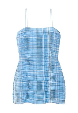 Vestido mini a cuadros azul claro con tirantes finos de espagueti y una textura fruncida en toda la tela.