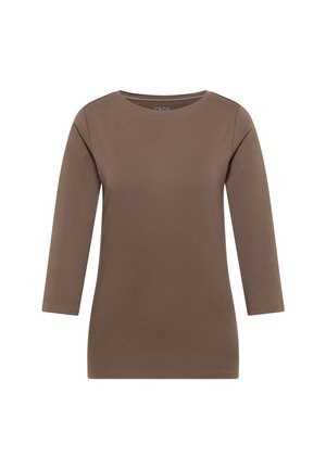 Braunes Langarm-T-Shirt aus weichem Stoff mit rundem Ausschnitt und geradem Saum. Schlichtes Design ohne sichtbare Muster oder Verzierungen.