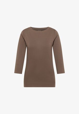 Braunes Langarm-T-Shirt aus weichem Stoff mit rundem Ausschnitt und geradem Saum. Schlichtes Design ohne sichtbare Muster oder Verzierungen.