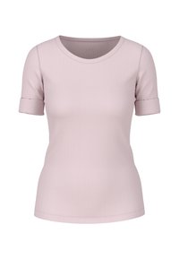 Helles rosa, kurzärmliges, eng anliegendes T-Shirt mit umgeschlagenen Ärmeln und rundem Ausschnitt, präsentiert auf einem schlichten weißen Hintergrund.