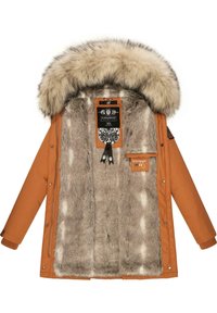 Orange coat with a faux fur lining, a removable fur hood, and contrasting white faux fur accents. Includes prominent brand labels inside.