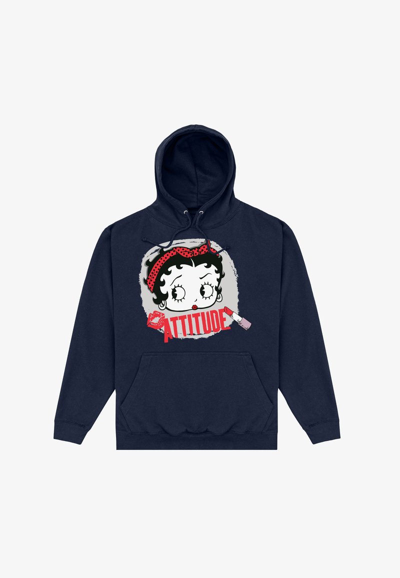 Granatowy hoodie z grafiką kreskówkowej postaci z wyraźnymi czarnymi lokami i czerwonymi ustami, otoczonej słowem "ATTITUDE" w kolorze czerwonym.