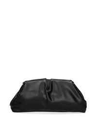 Borsa a mano nera realizzata in pelle liscia, con design plissettato e chiusura con zip superiore. Forma compatta senza dettagli hardware visibili.