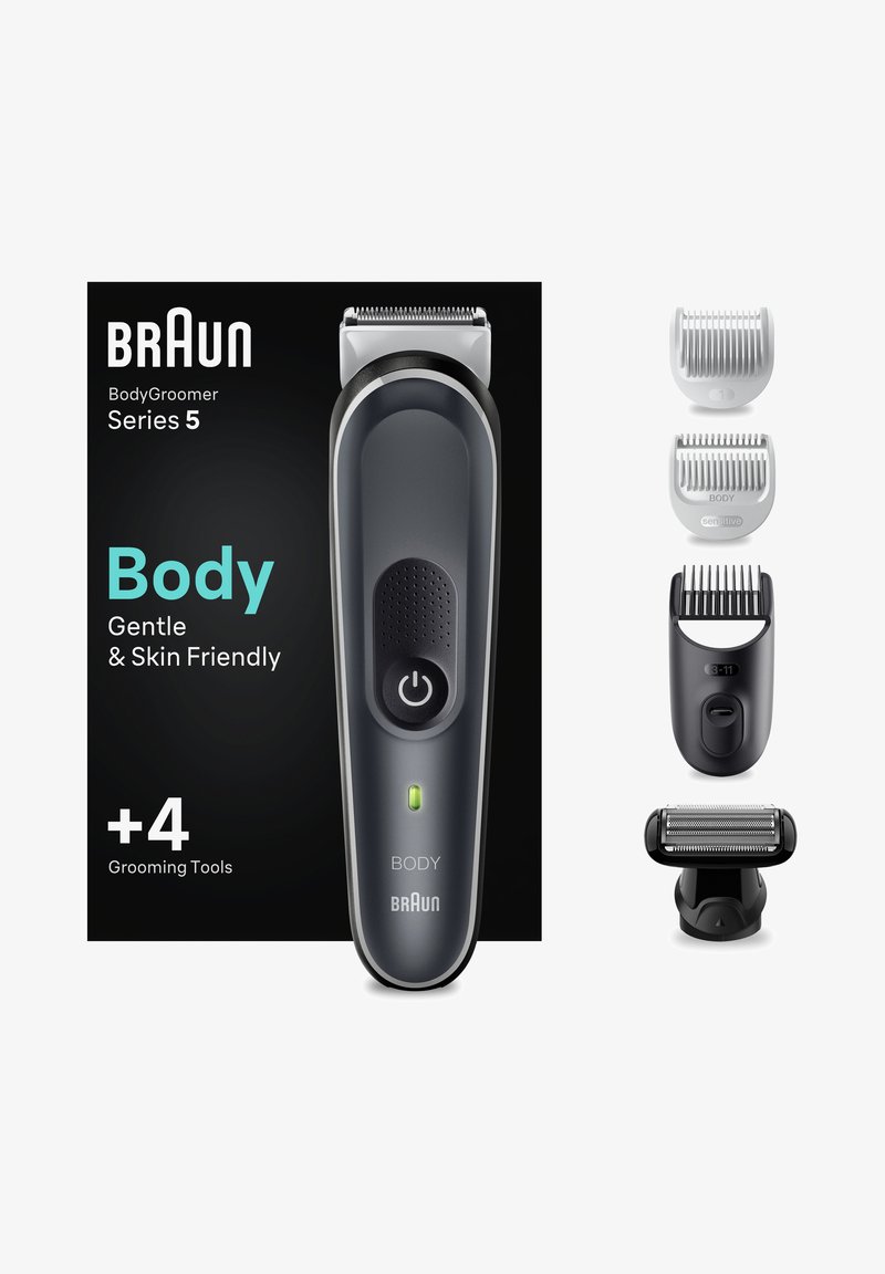 Braun BodyGroomer Serie 5, grauer Kunststoffgriff, runde Form, schwarze Akzente, inklusive 4 austauschbarer Pflegewerkzeuge für vielseitige Anwendung.