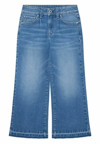 Modré denimové culottes s širokým střihem nohavic, obsahující přední zapínání na knoflík, dvě přední kapsy a mírné vyblednutí.