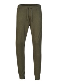 Olijfgroene sweatpants van zacht materiaal, met een trekkoord in de taille, geribbelde boorden en een klein logo aan de zijkant.